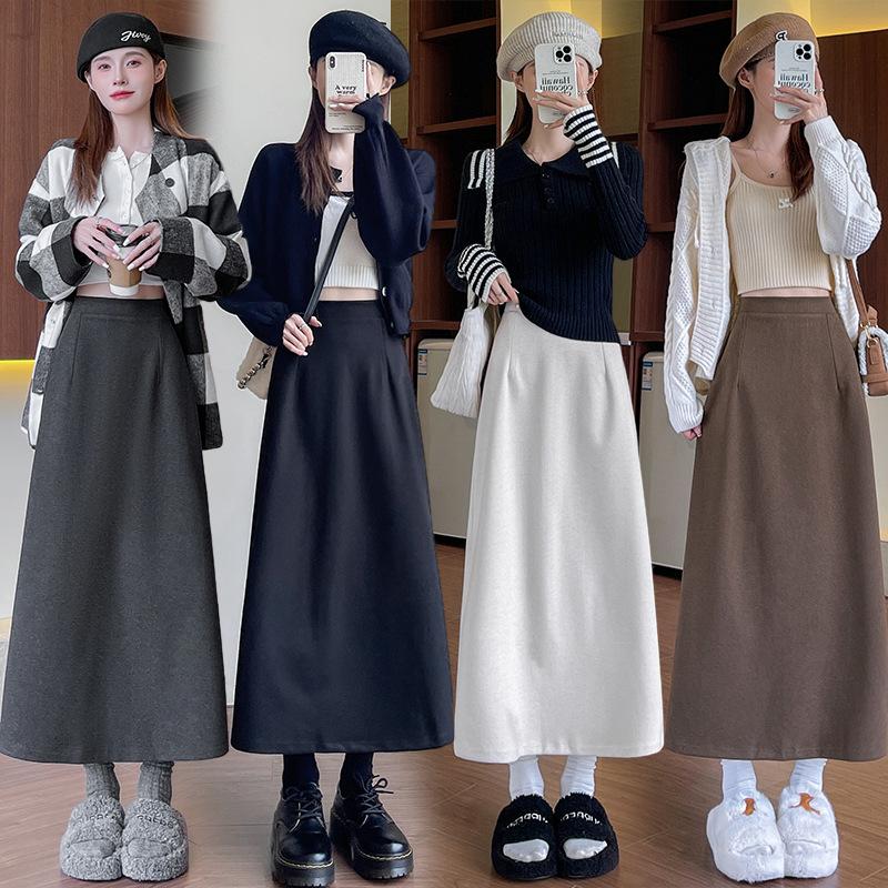 Women's Woolen Skirt Autumn and Winter New Slit Mid-length Skirt High Waist Slim Plus Size Fashionable All-match Hip Skirt