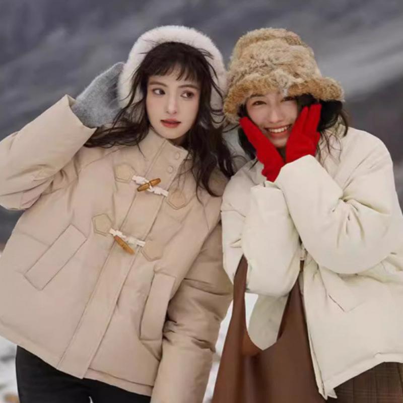 Damen Winter Kurzer Hornknopf Wattierter Mantel Lockerer Schnitt Figurvergrößernder, dicker, warmer Baumwollmantel Oberbekleidung