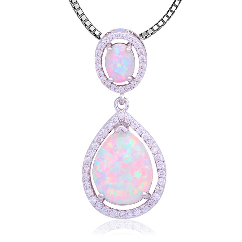 Silver Plated Lab Created White Opal Teardrop Necklace Design Sweater Chain Ocean Pendant Trendy Gift 20inches&Fashion