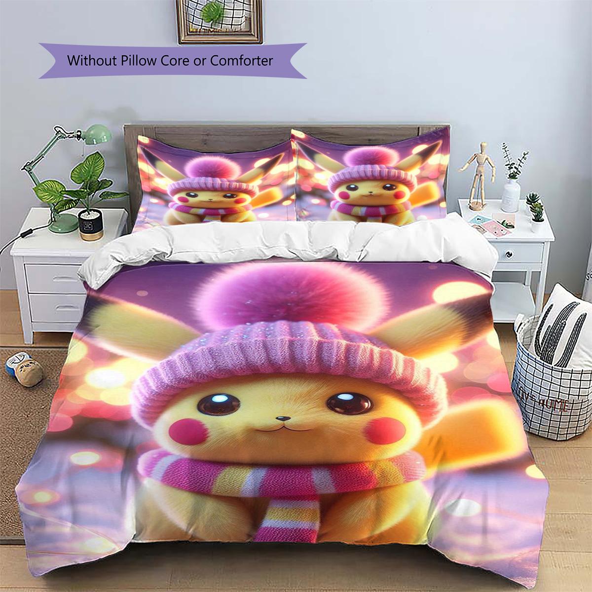 

Pikachu Patterned Pillowcase & Duvet Cover Set Anime Fashion Bedding for Bedroom Renovation Perfect Holiday Present.-TING 135x200cm