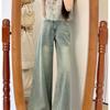 Women's Light Blue High-Waisted Wide-Leg Jeans - Summer Retro Distressed Style, Slimming and Versatile Straight Long Pants