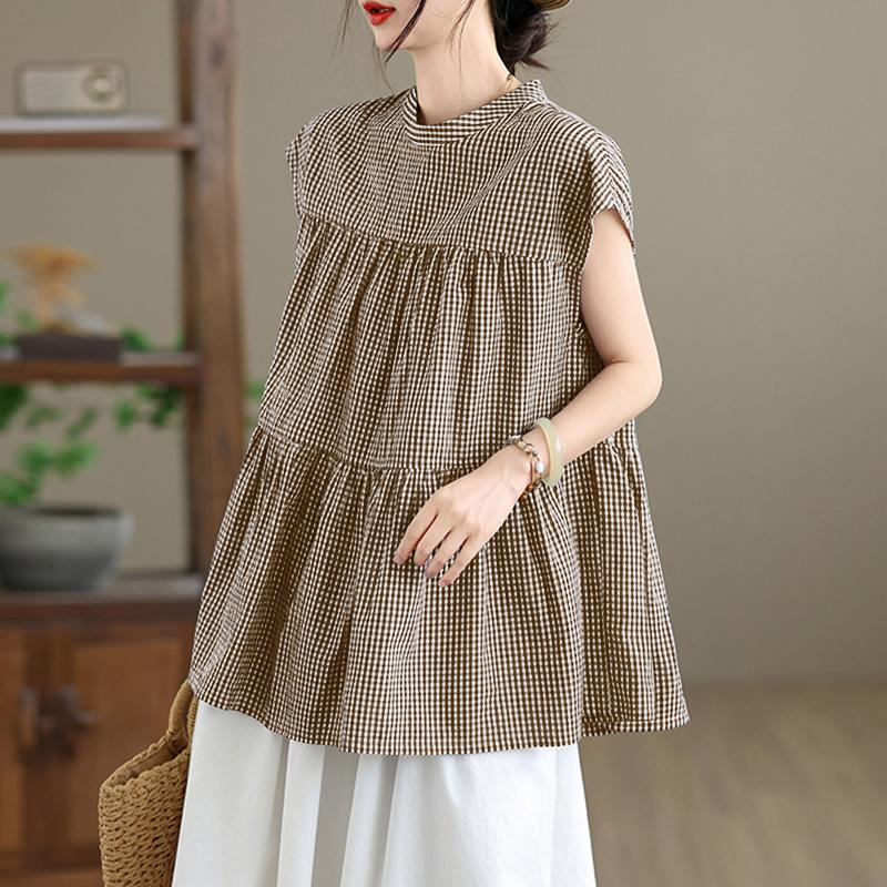 

ZANZEA Women Casual Round Neck Cap Sleeve Loose Plaid Print Blouse 5XL светло-коричневого