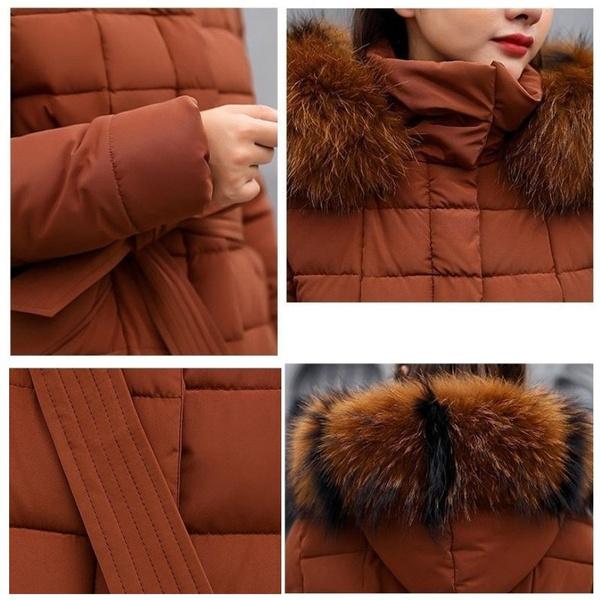 Giacca parka da donna alla moda invernale calda di media lunghezza con cappuccio casual, con collo in pelliccia rimovibile, per donna