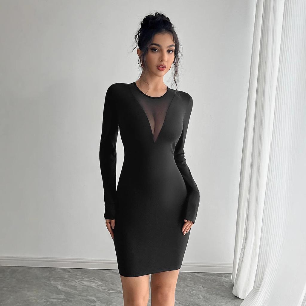 Spring Autumn Women Solid Color Mesh Patchwork Chest Design Long Sleeve Slim Fit Dress Mature Style French Retro Slim Sexy Elegant Women Maxi Dress