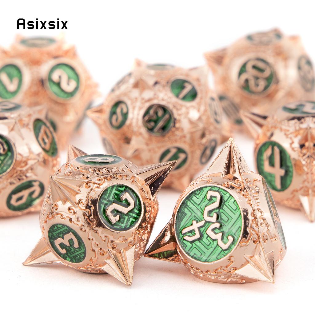 7 Pcs Copper Green Meteor Hammer Metal Dice Solid Metal Polyhedral Dice Set Suitable For Role-Playing Dice PropBoard Game Gift