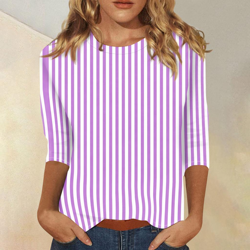 Women's Fashionable Casual Three-Quarter Sleeve Striped Print -Neck T-Shirt Top