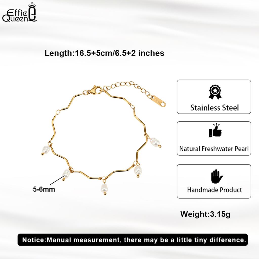 EFFIE QUEEN Stainless Steel 18k Gold Oval Shaped Freshwater Pearl Chain Bracelet Banquet Jewelry for Women Wedding Party STPB02