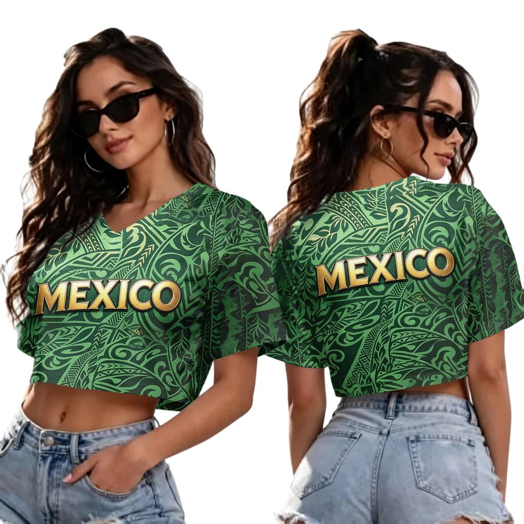 Women's Mexico Print V-Neck Short Sleeve T-Shirt for Soccer Fans