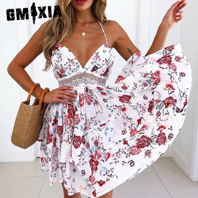 Women's Sexy Halter Waist Lace Skirt Print Dress