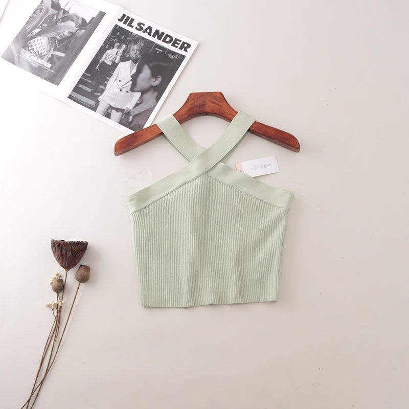 Foreign Trade Original Order Rib Hanging Neck Gyaru Short Vest Western Style off-Shoulder Slim Fit Knitted Sling Top