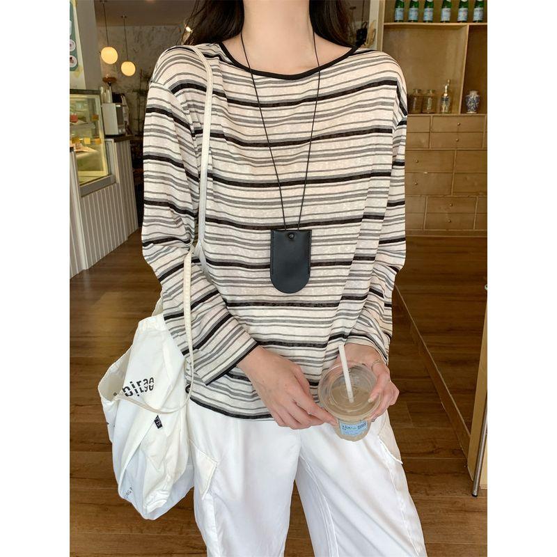 Kumikumi Retro Back Hollow Lace-up Long sleeves Shirt Women clothes Autumn Casual Loose Stripe Inner wear Top