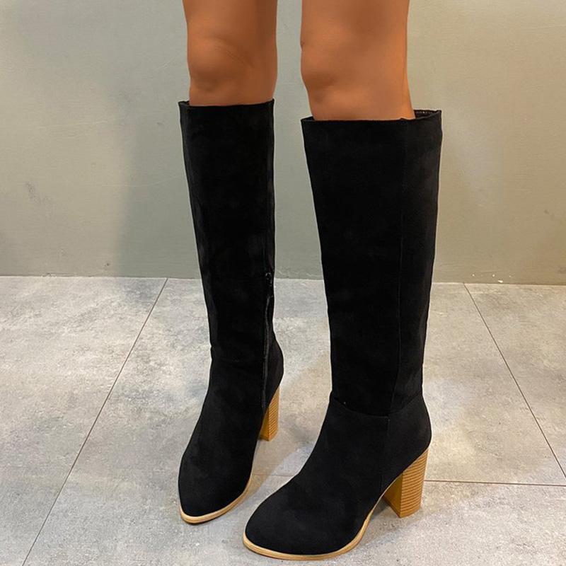 Fashion Retro Zipper Plus Size High Heel Boots Women Autumn Winter Faux Suede Mid-Calf Boots Woman Solid Color Modern Booties Female