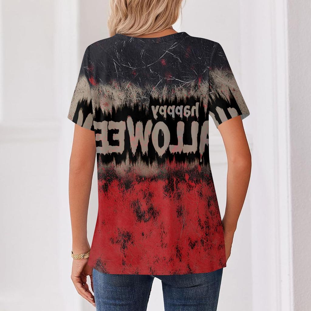 Women's Casual Halloween Print V Neck Button Front Three Quarter Sleeve T Shirt Top for Everyday Wear