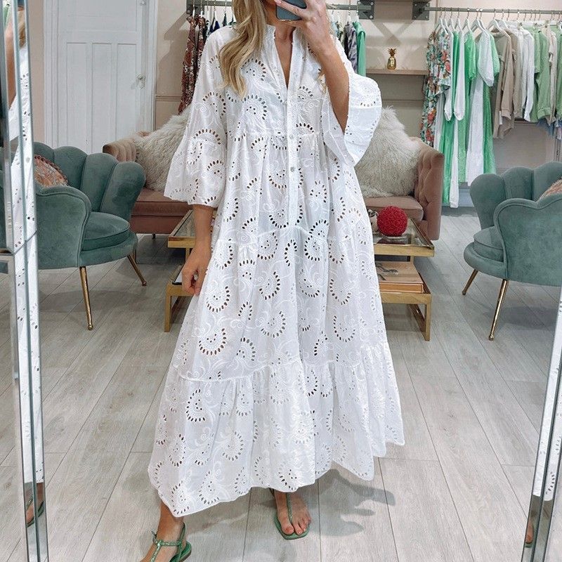 

European and American Summer and Autumn French style V-neck Bell Sleeve Lace Hollow out Solid Sexy Long Dress Women White M