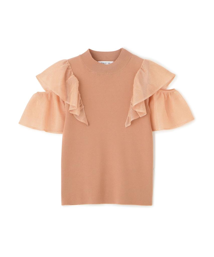 Natural Beauty Basics Ruffle Sheer Sleeve Knit Apricot Sweater, Women's,