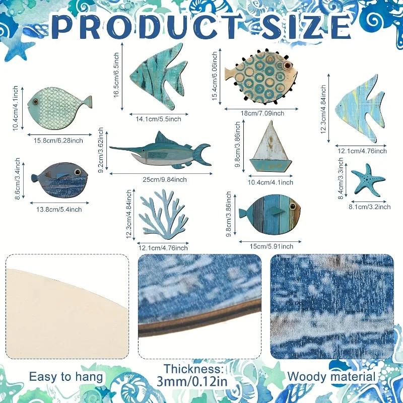 Nautical Coastal Ocean Home Wall Decor 10pcs Wooden Fish Hanging Ornament Non-3D Cute Pattern Beach Theme Bathroom Art Decor