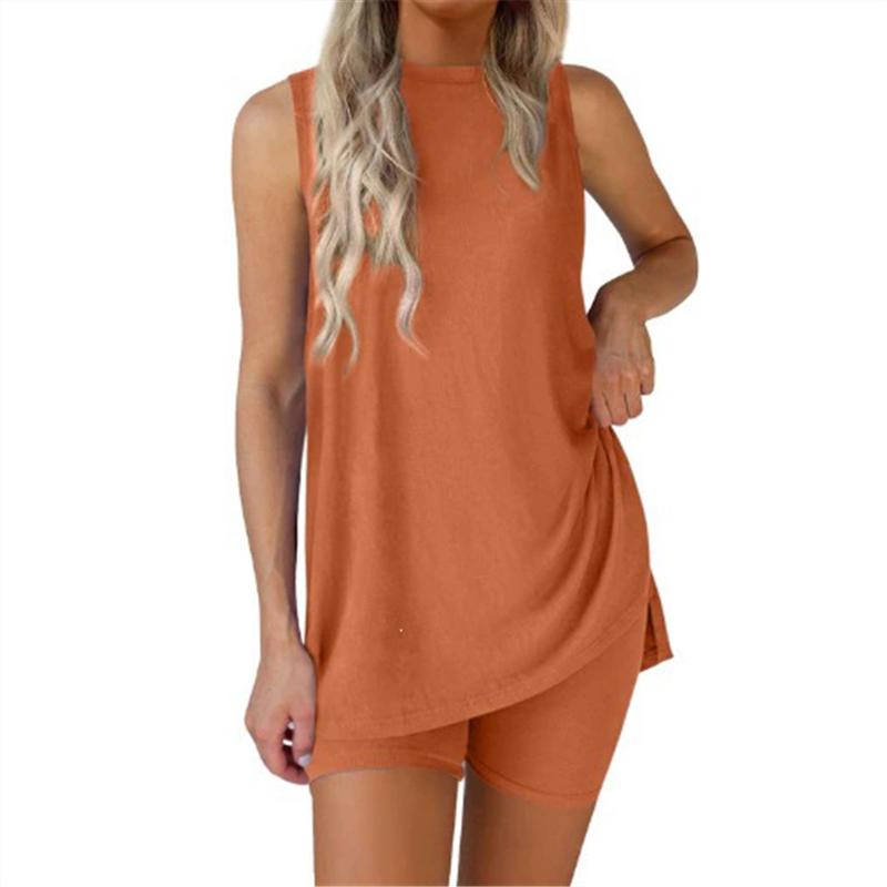 Damen Mode Sets Ärmellos Rundhals Hoher Schlitz Pullover Tanktop + Elastische Taille Skinny Shorts Sommer Outfits