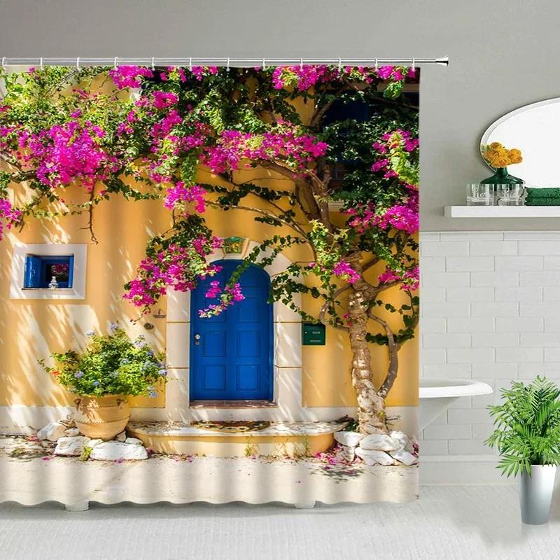 Purple Flowers Scenery Waterproof Shower Rural Street Landscape Floral Bathroom Curtains Washable Home Decor With Xt6@