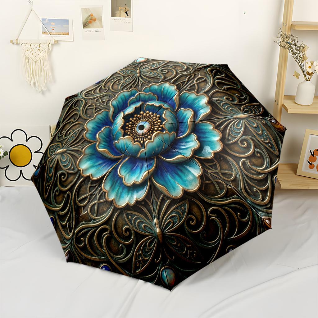 Floral Harmony A Circular Arrangement Of Vibrant Flowers And Birds Automatic Umbrella With Folding Feature Compact 8Rib Design Compact Design Travel