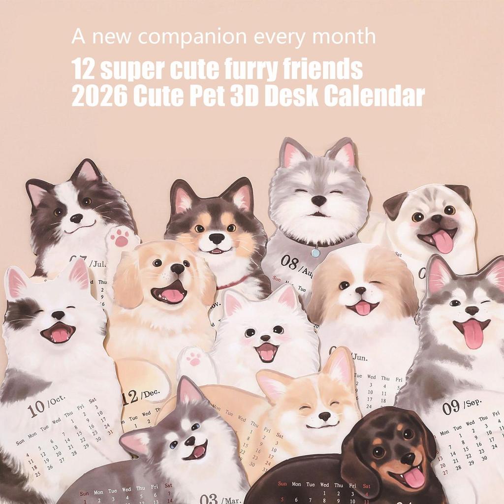 2026 Süße Katzen-Hunde-Serie Schreibtischkalender Tischplaner Jahresagenda Organizer Notizen für Zuhause Büro Schule Tagesplaner