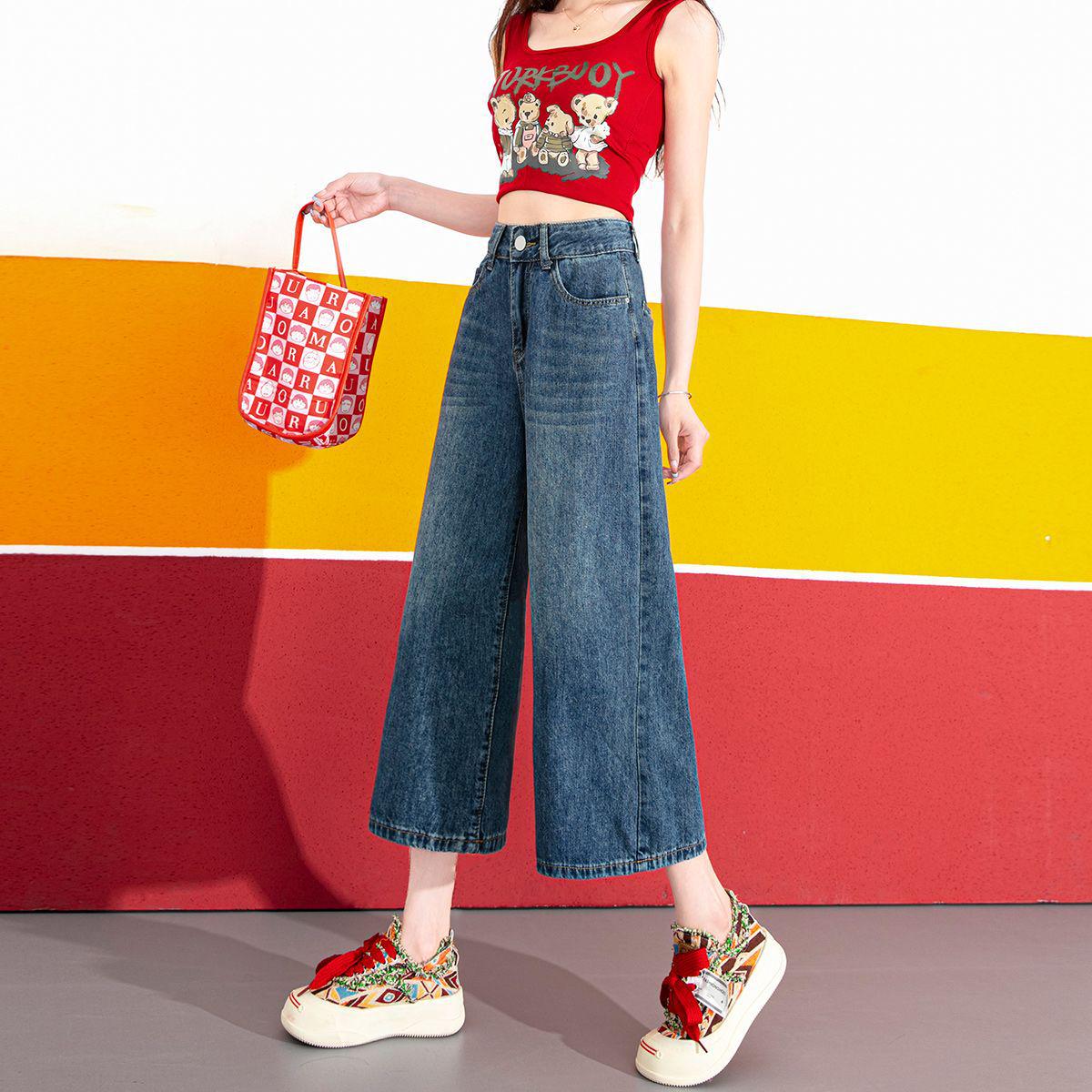 

Plus Size Women s Denim Capris: Mid-Length, Summer Thin, High-Waisted, Wide-Leg, Loose Fit (Up to 200 Jin) 2XL for 121-140 Jin