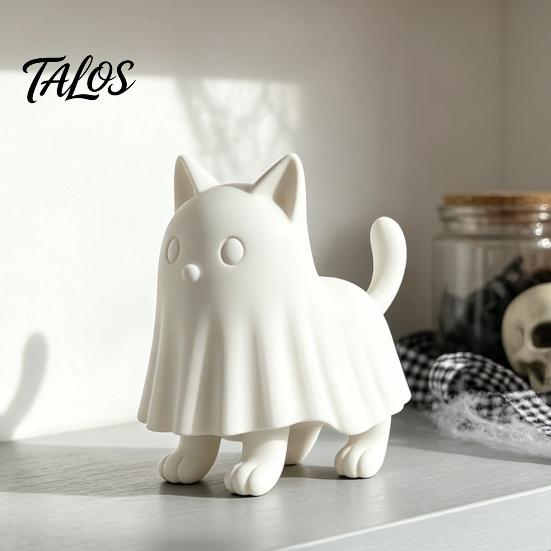 Small Decorative Figure Ghost Cat Figurine, 3D Printed Cute Cloak Kitty Sculpture, Minimalist Halloween PLA Statue Tabletop Decor, DIY Blank Painting