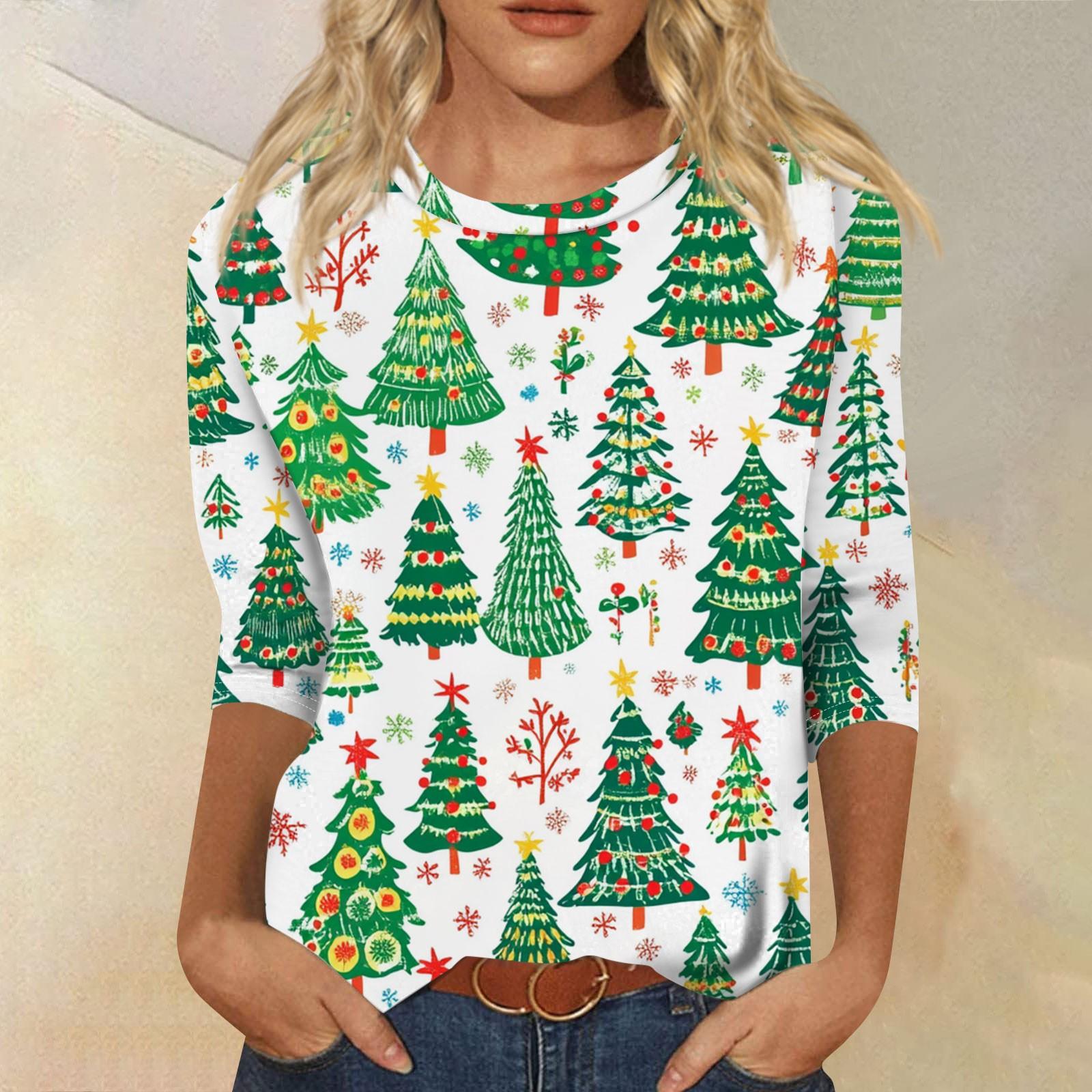 

Женская мода повседневная рубашка с круглым вырезом и рождественским принтом, семь рукавов M