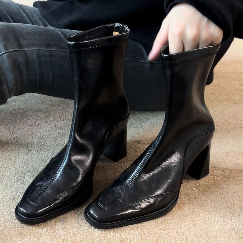 Vintage High Heel Women Ankle Boots Fashion Square Toe Short Booties Autumn Winter Ladies Shoes Botas Mujer