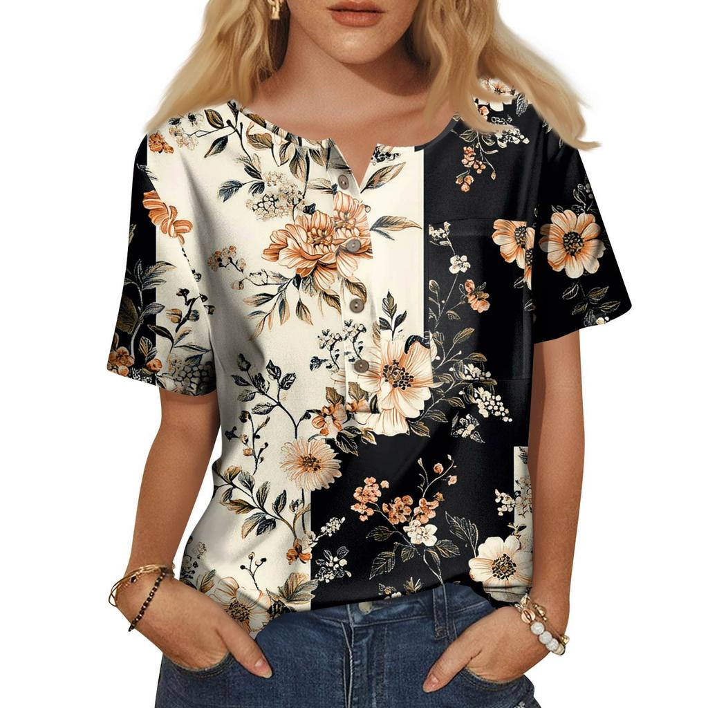 Women's Fashion Casual Short Sleeve Print Round Neck Pullover Top Blouse