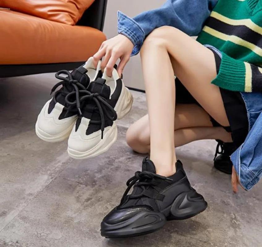 Fashion 8CM New Genuine Leather Women Summer Hollow Air Mesh Platform Wedge Chunky Sneakers Autumn Spring Fashion Lace-up Casual Shoes
