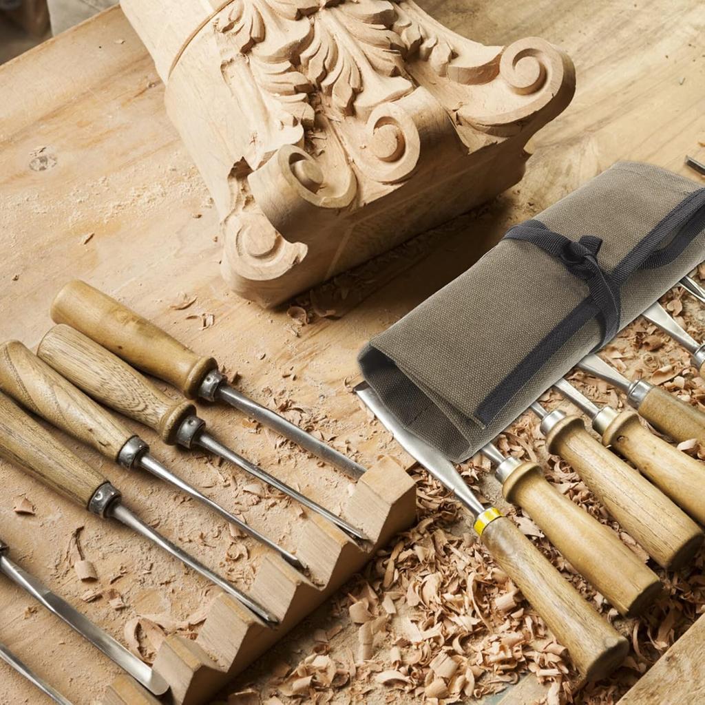 Uonlytech Rollwerkzeugtasche Leinwand Aufrollbare Tasche Schraubenschlüssel-Organizer mit Taschen Holz schnitzwerkzeuge Meißel Handwerkzeuge Tasche für Mechaniker Schreiner