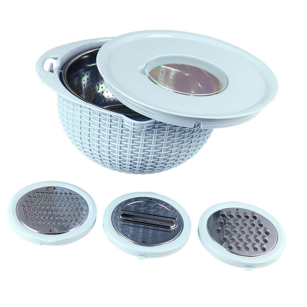 4 In 1 Colander Bowl with Slicing Tools Rotatable Strainer 2 Layer Stainless Steel Ergonomic Handle