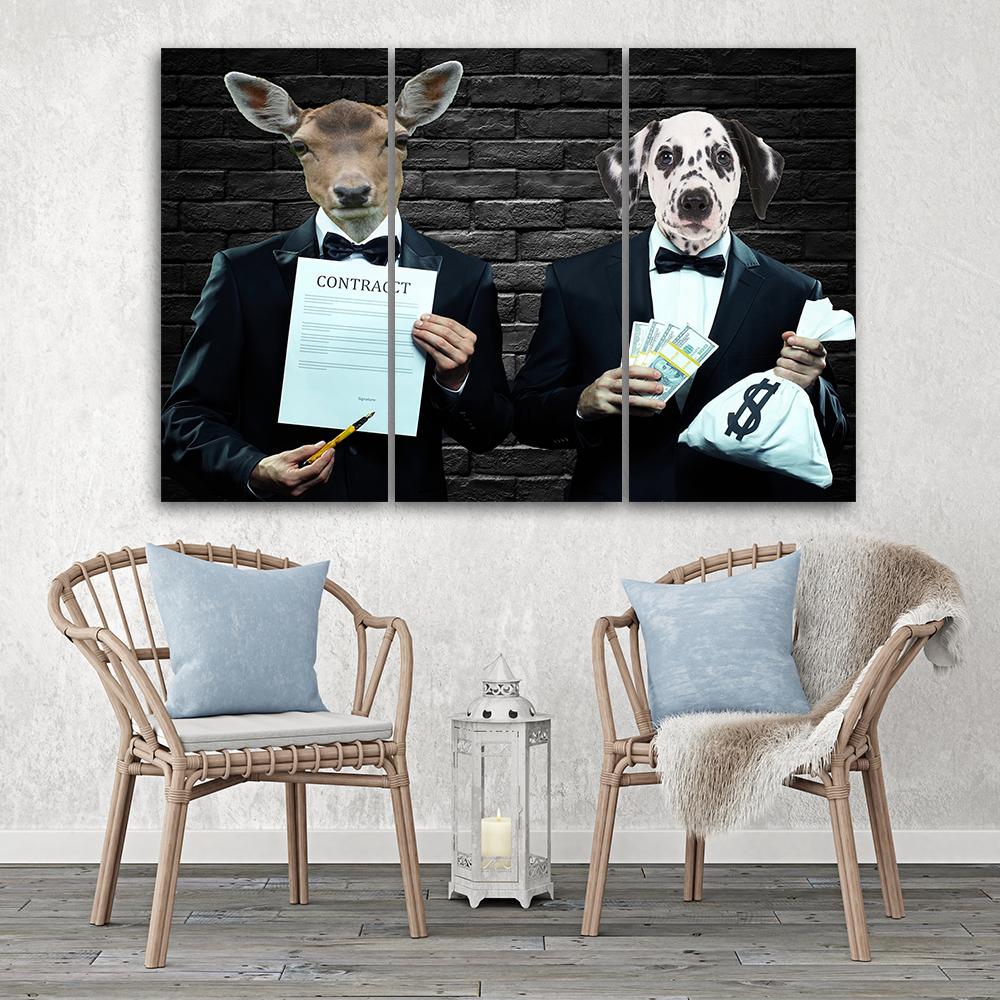 Three Piece Picture Canvas Print Stag Dog Suit