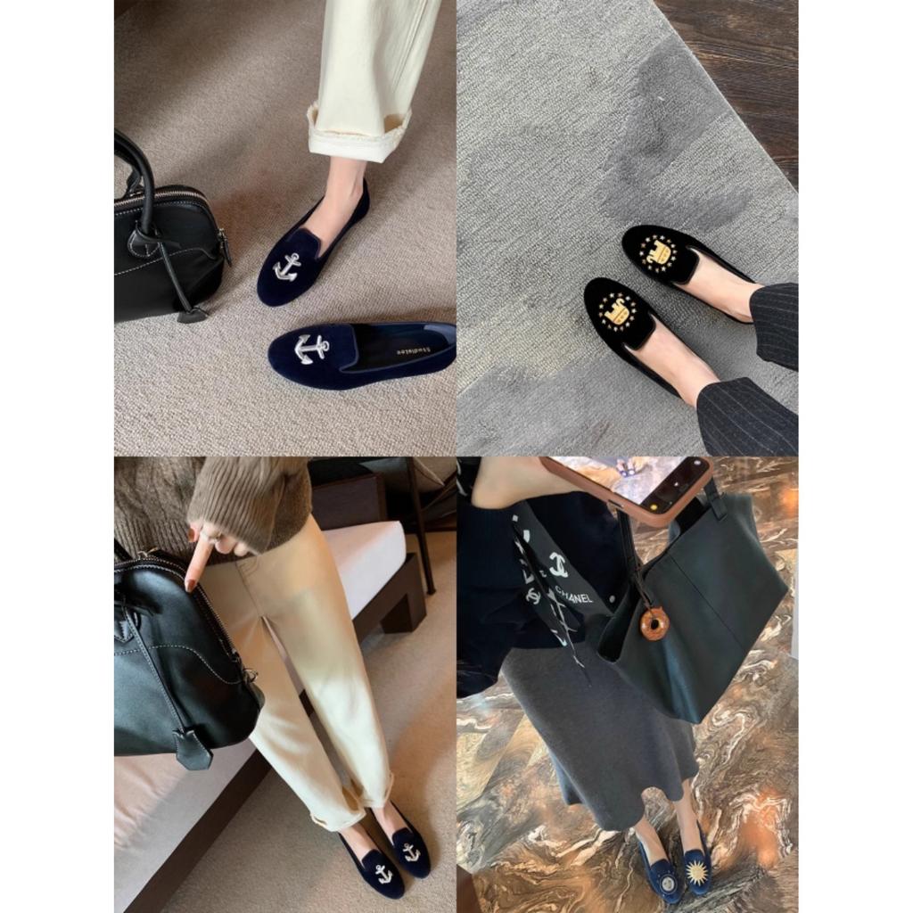 Sheepskin version~ Exquisite embroidery one-pedal velvet flat-soled soft-soled Loafu Doudou single shoes