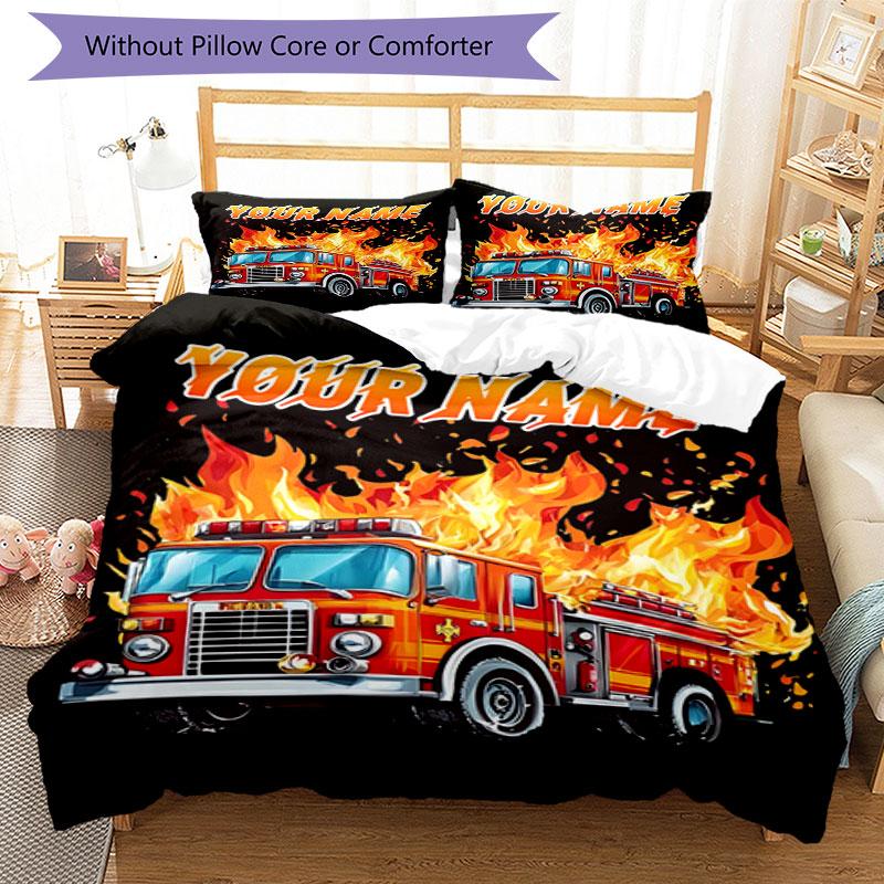 3PC Custom Name Fire Truck Flames Bedding Set Duvet Cover Closure Includes 1 Duvet Cover & 2 Pillowcases for Bedroom