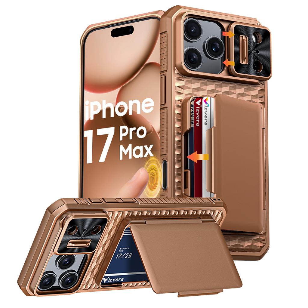 Mit Kartenhalter, Schiebefach für die Kamera und Ständer für iPhone 17 Pro Max Handyhülle, Anti-Fall PC+TPU Brieftaschenhülle - Champagner