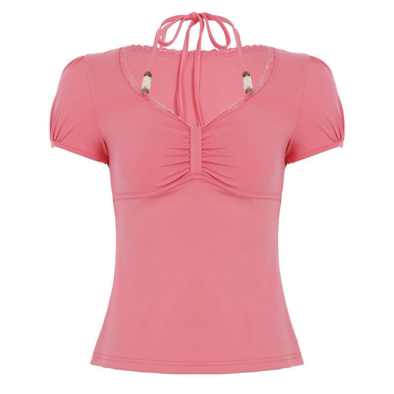 Summer Retro Solid Color Puff Sleeve Halter Top with Beaded Details for Women Small розовый