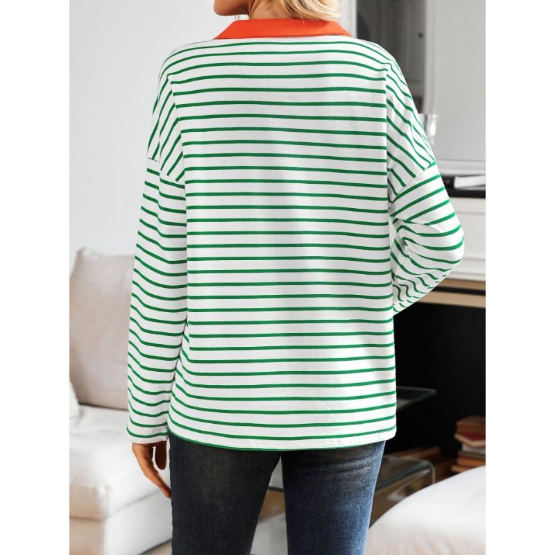 Spring Autumn Women's Striped V-Neck Loose Sweatshirt Lapel Sweatshirt