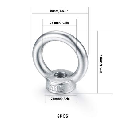 8pk M10 Stainless Steel Eye Nuts - Silver Lifting Rings for Hardware & Fastening