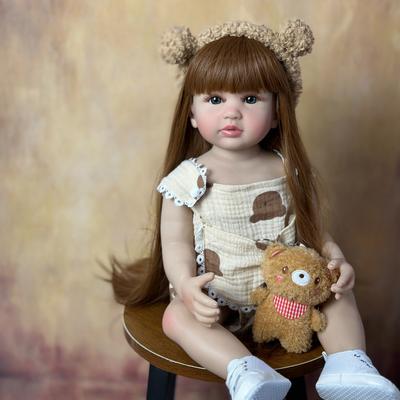 Realistic Lifelike 55 CM 22 Inch Reborn Baby Girl Doll Toy Full Silicone Body Brown Long Hair Princess Toddler Bebe