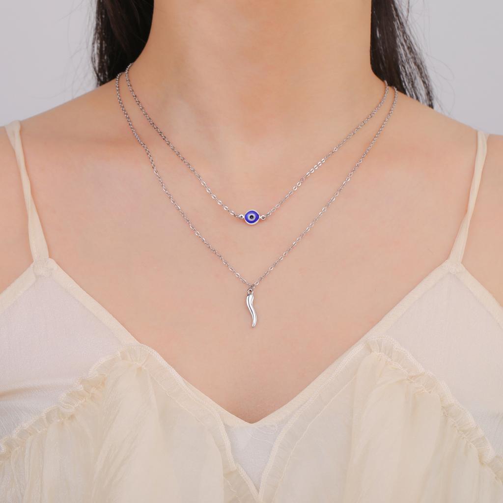 Teamer Italian Horn Blue Evil Eye Necklace Stainless Steel Double-layer Chain Necklaces Good Luck Protection Jewelry for Women
