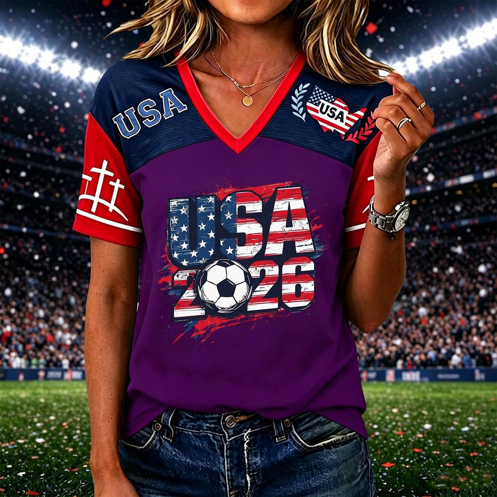 Women’s Casual Short Sleeve V Neck Pullover Top with USA 2026 Soccer Graphic Print Comfortable Loose Fit T Shirt for Daily Wear