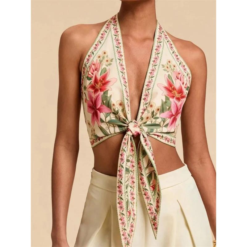 Women Floral Print Halter Tie Up Cropped Deep V Neck Cami Top S