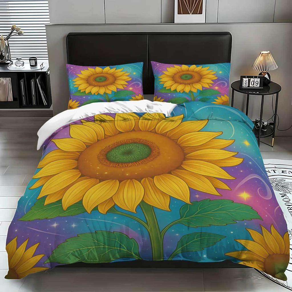 Dreiteilige Sonnenblumen-Bettwäsche mit Sandfinish, Blumendeckenbezug, Digitaldruck-Bettwäscheset