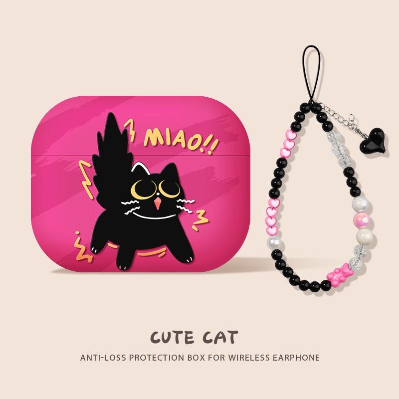 

Sweet Cool Cat AirPods Pro 2 Case with Black Heart Lanyard