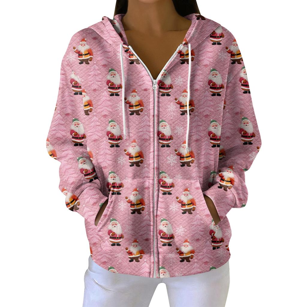 Women's Casual Fashion Long-Sleeved Zip-Up Christmas Print Knitted Hoodie