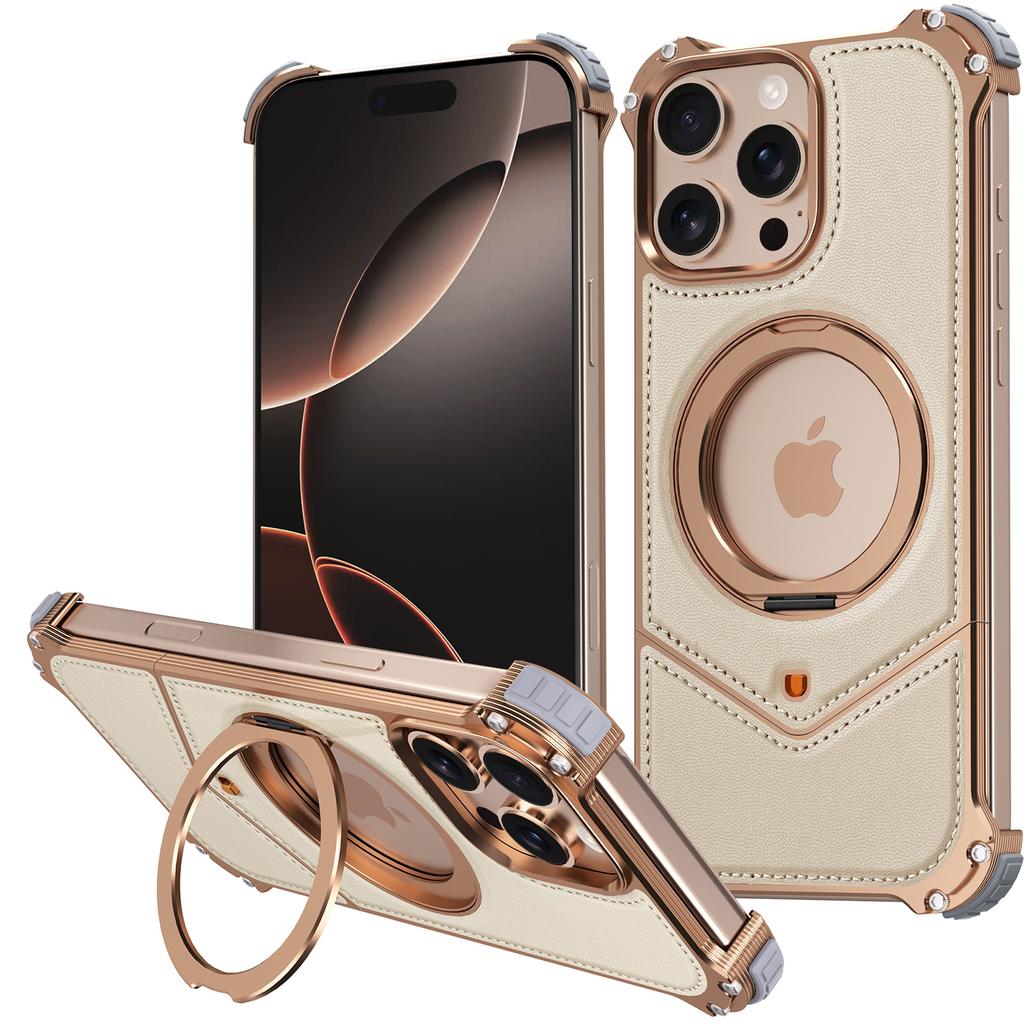 For iPhone 16 Pro Max Case PU Covered Metal Boardless Phone Back Cover with Kickstand