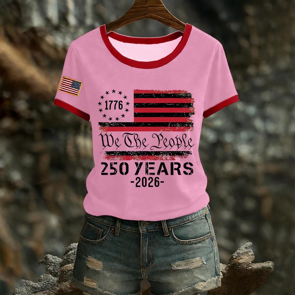 Damski casualowy top T-shirt z krótkim rękawem i okrągłym dekoltem z nadrukiem