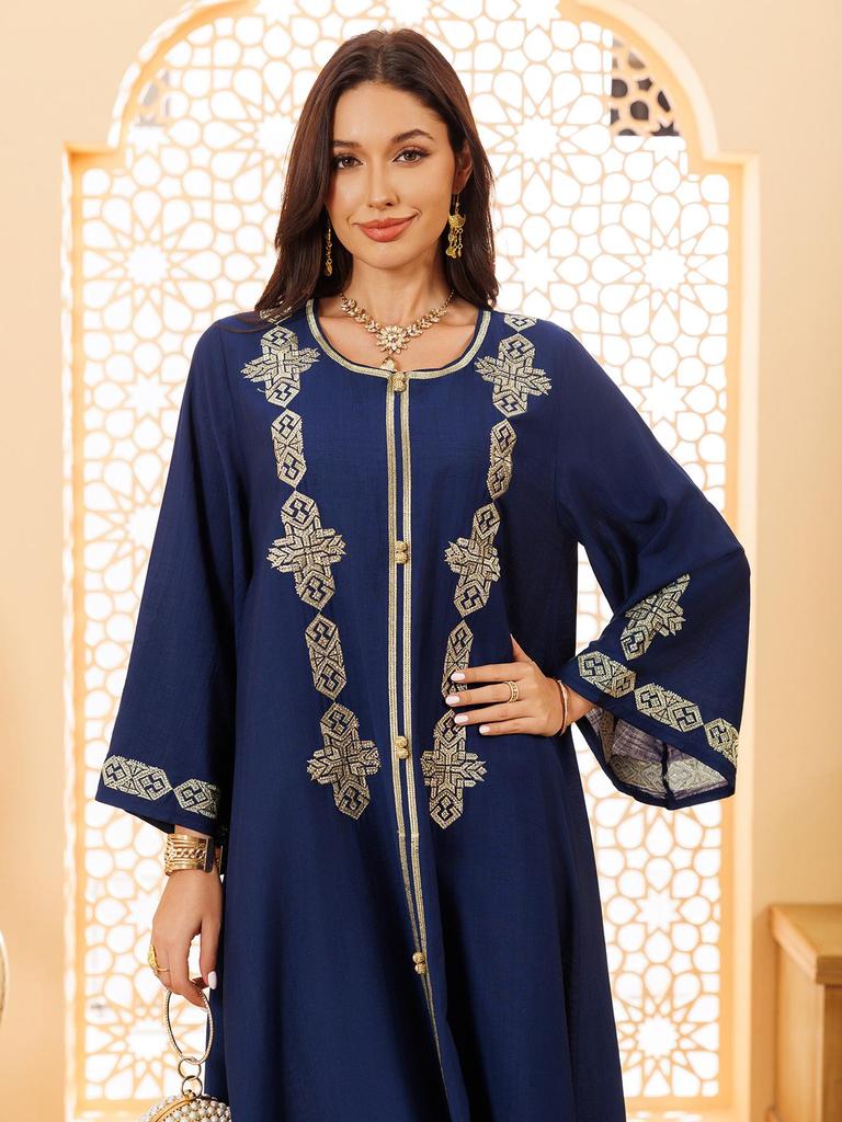Middle Eastern Floral Embroidered Muslim Jalabiya Robe, Dubai Dress