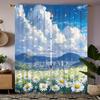 Open 2pcs High-definition Digital Curtain Printing Simulation, Daisies Blooming In the Wind, City Outline, Mountains and Paintin